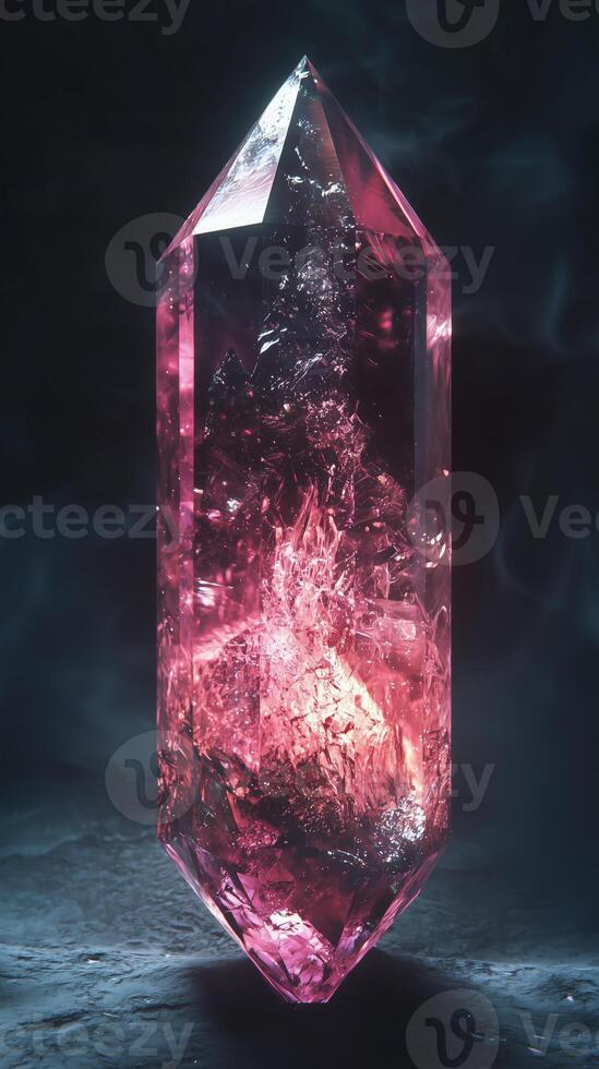 Large pink crystal with unique patterns and textures on dark background photo