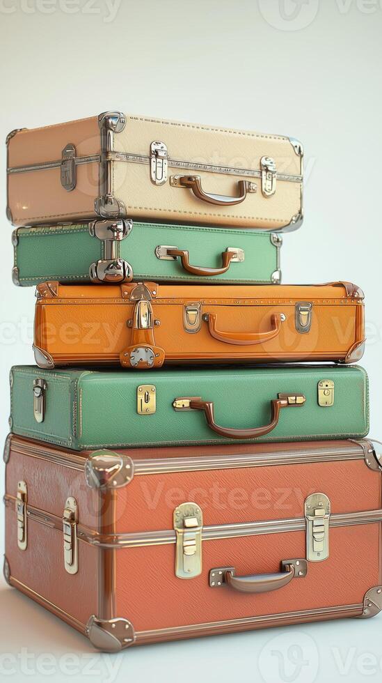 Colorful vintage suitcases stacked creatively on a light background photo