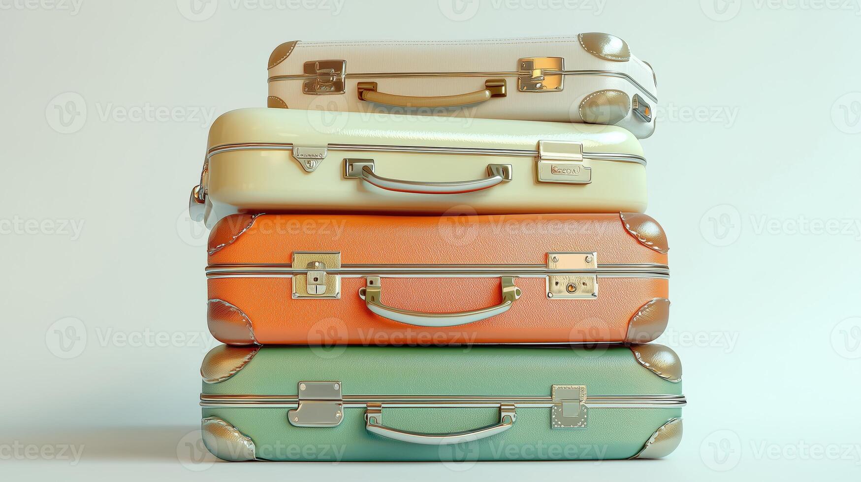 Stack of vintage hard shell suitcases in pastel colors on white background photo