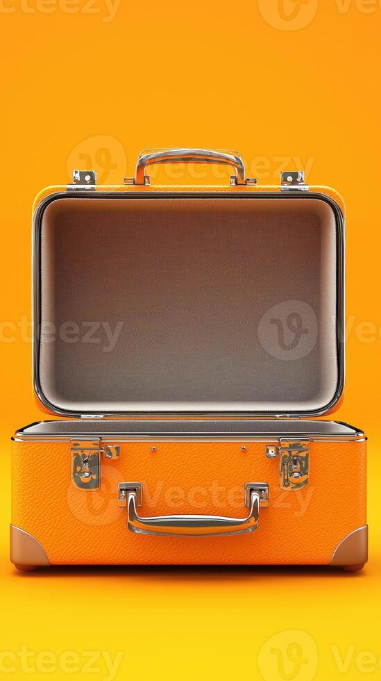 Empty orange suitcase on vibrant yellow background for travel and adventure photo