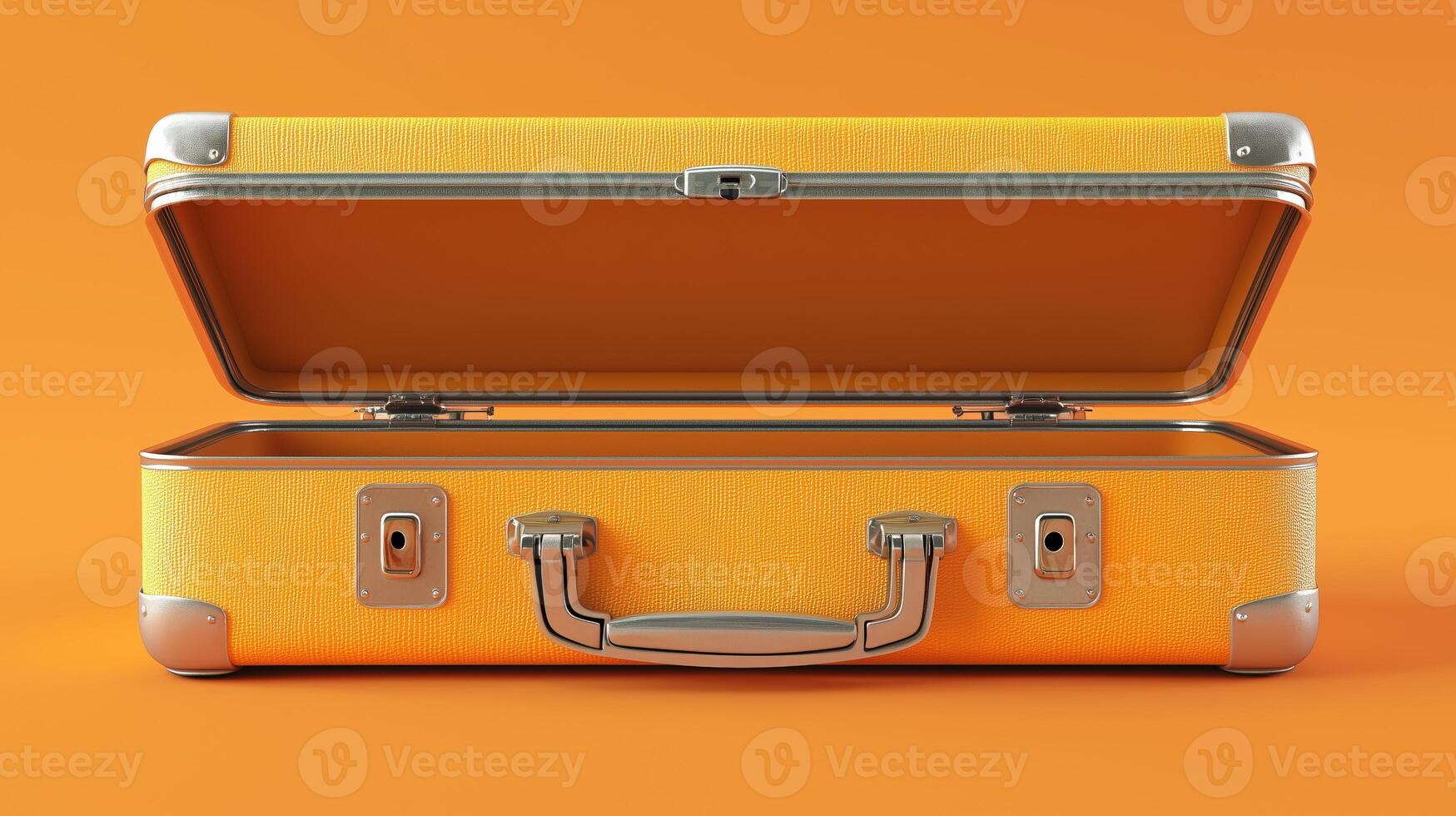 Open orange suitcase on bright background for travel and packing concept photo