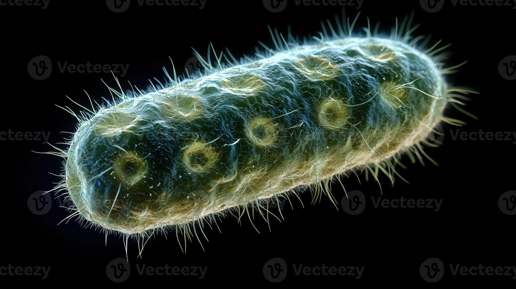 Microscopic image of a bacteria with hair-like flagella on a dark background photo