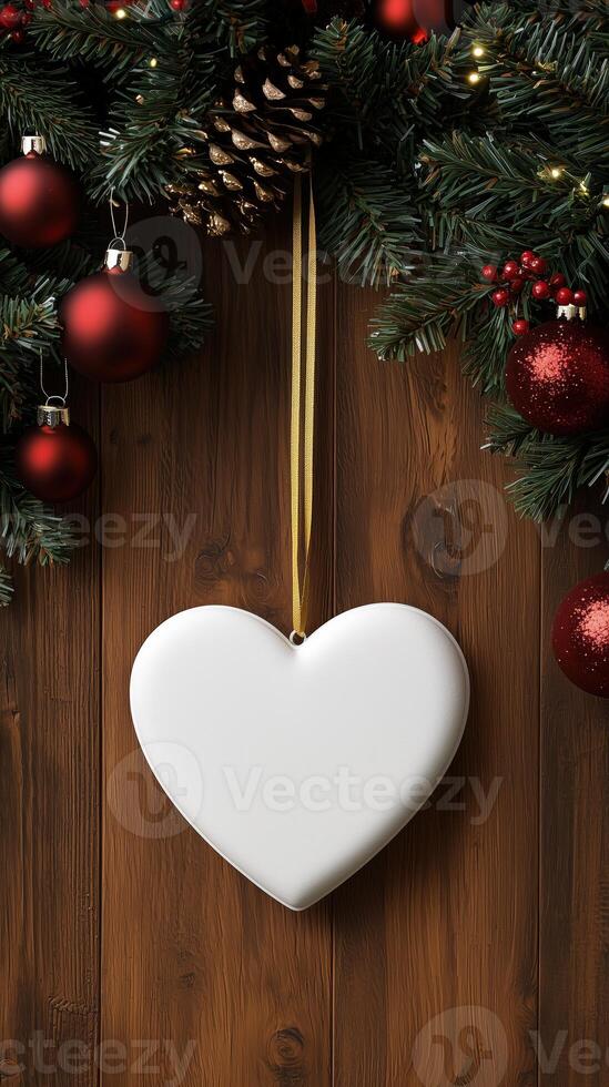 White heart ornament hanging on festive green pine with red christmas balls photo