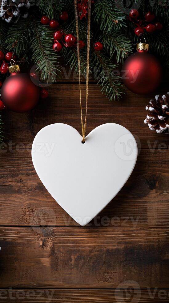 Blank white heart ornament hanging among christmas decorations on wooden background photo