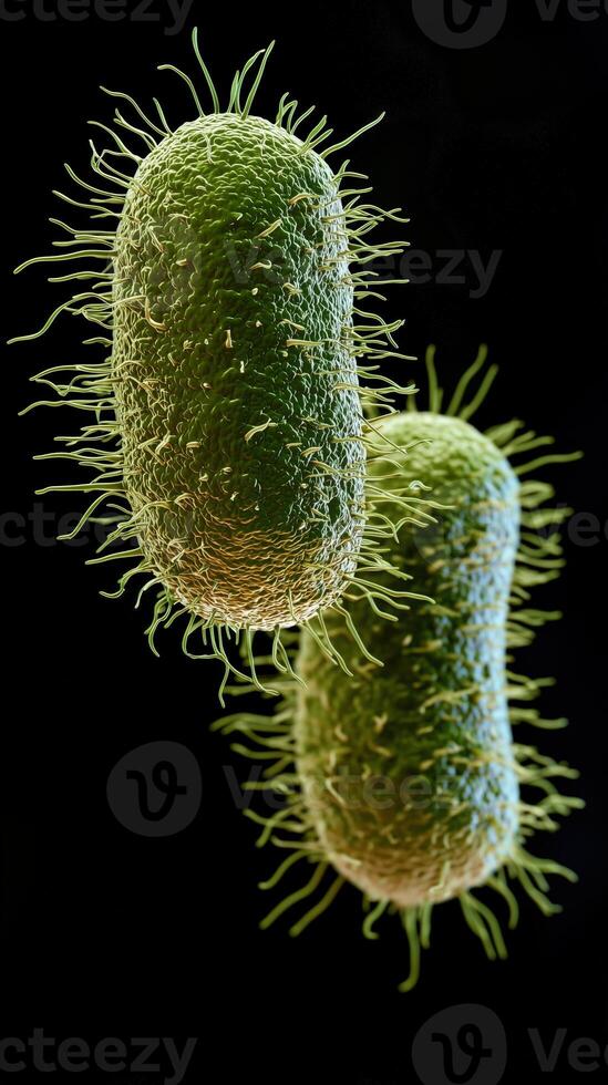 Microscopic view of bacterias with hair-like structures on a dark background photo