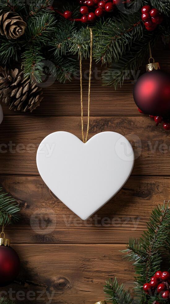 Blank white heart ornament surrounded by christmas decorations and pine cones photo