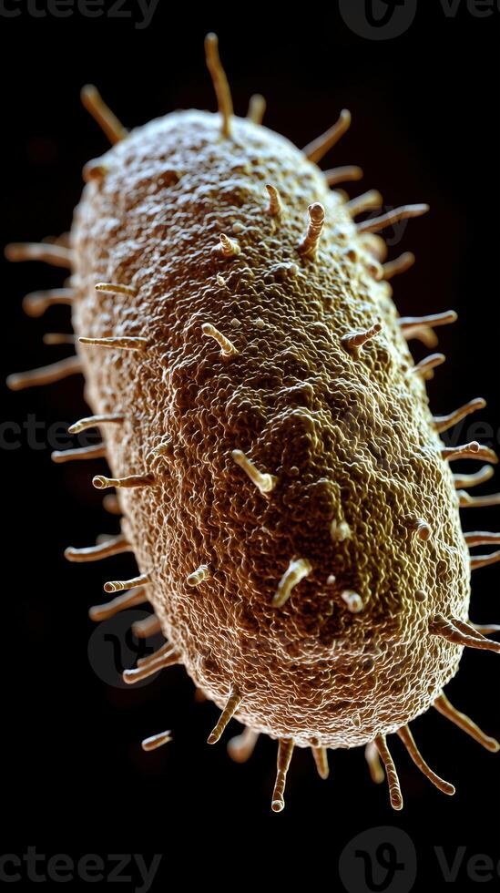Close-up of a detailed microscopic image of a bacterium on a black background photo