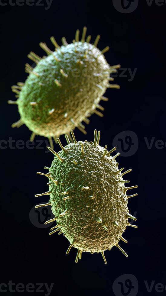 Microscopic view of a green bacteria with hair-like structures on a dark background photo