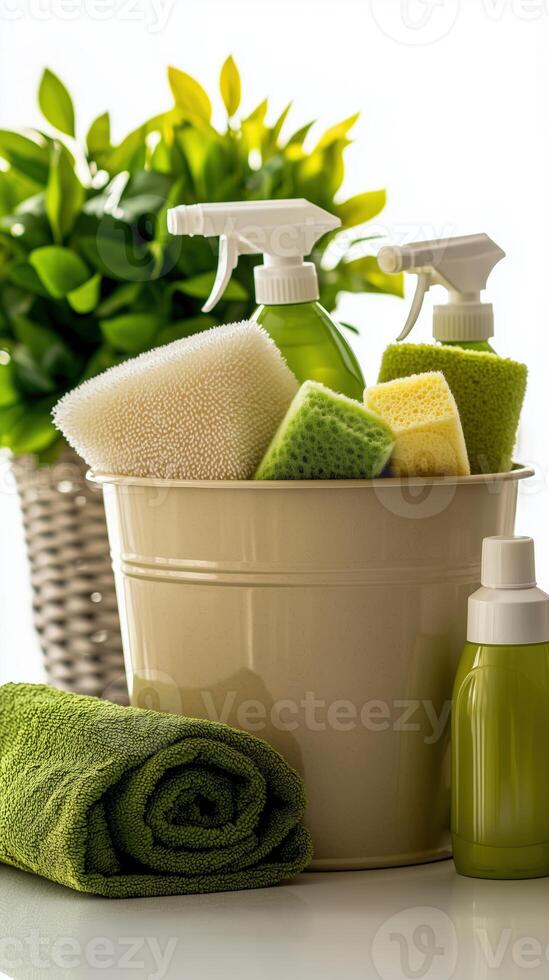 Cleaning supplies arranged in a bucket with green towels and a plant in the background photo