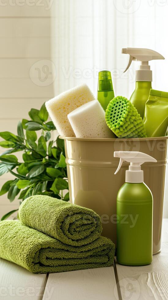 Collection of green cleaning supplies and towels in a bucket on a white wooden surface photo
