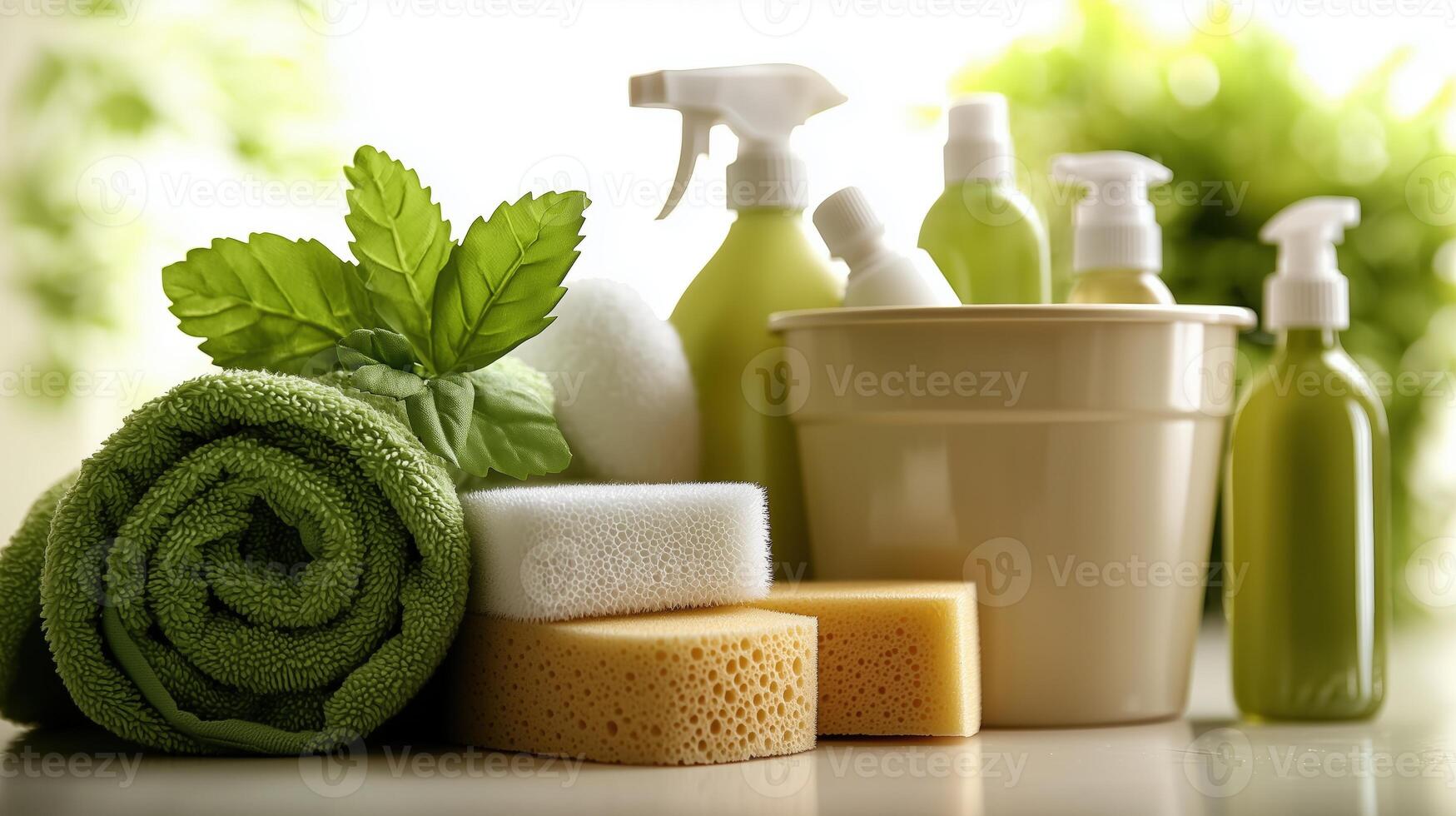 Eco-friendly cleaning supplies and accessories on a bright kitchen counter photo