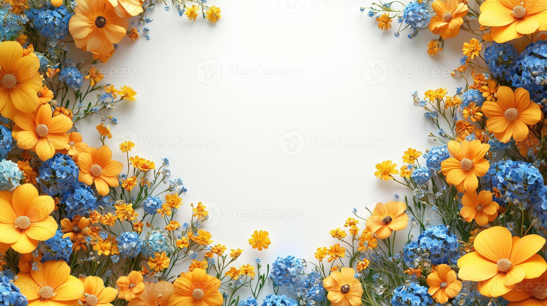 Vibrant floral border with yellow and blue flowers on a white background photo