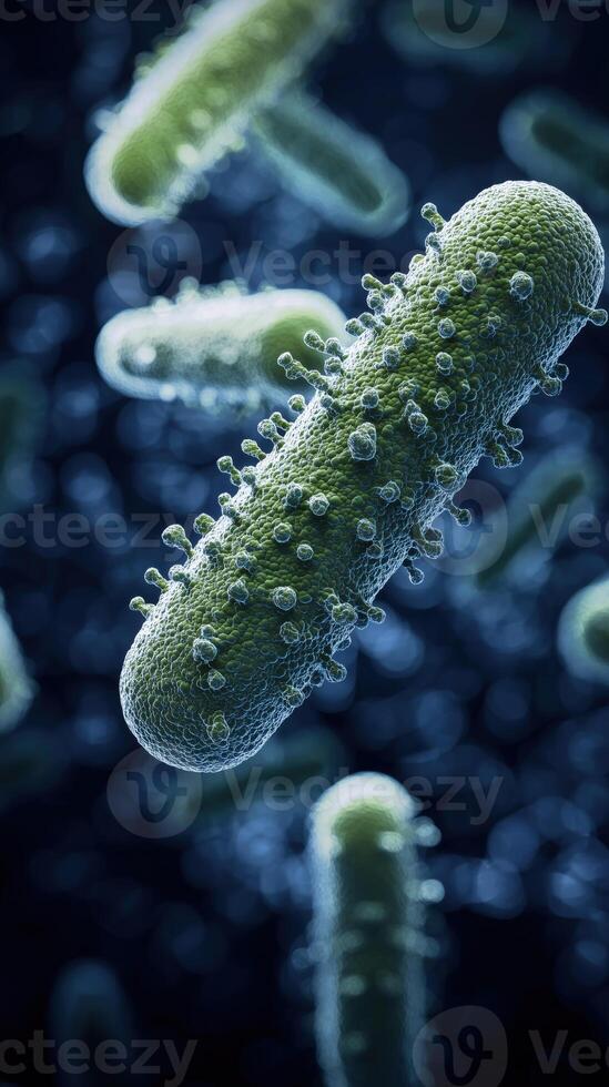 Close-up of vibrant green bacteria under microscope in dark background photo