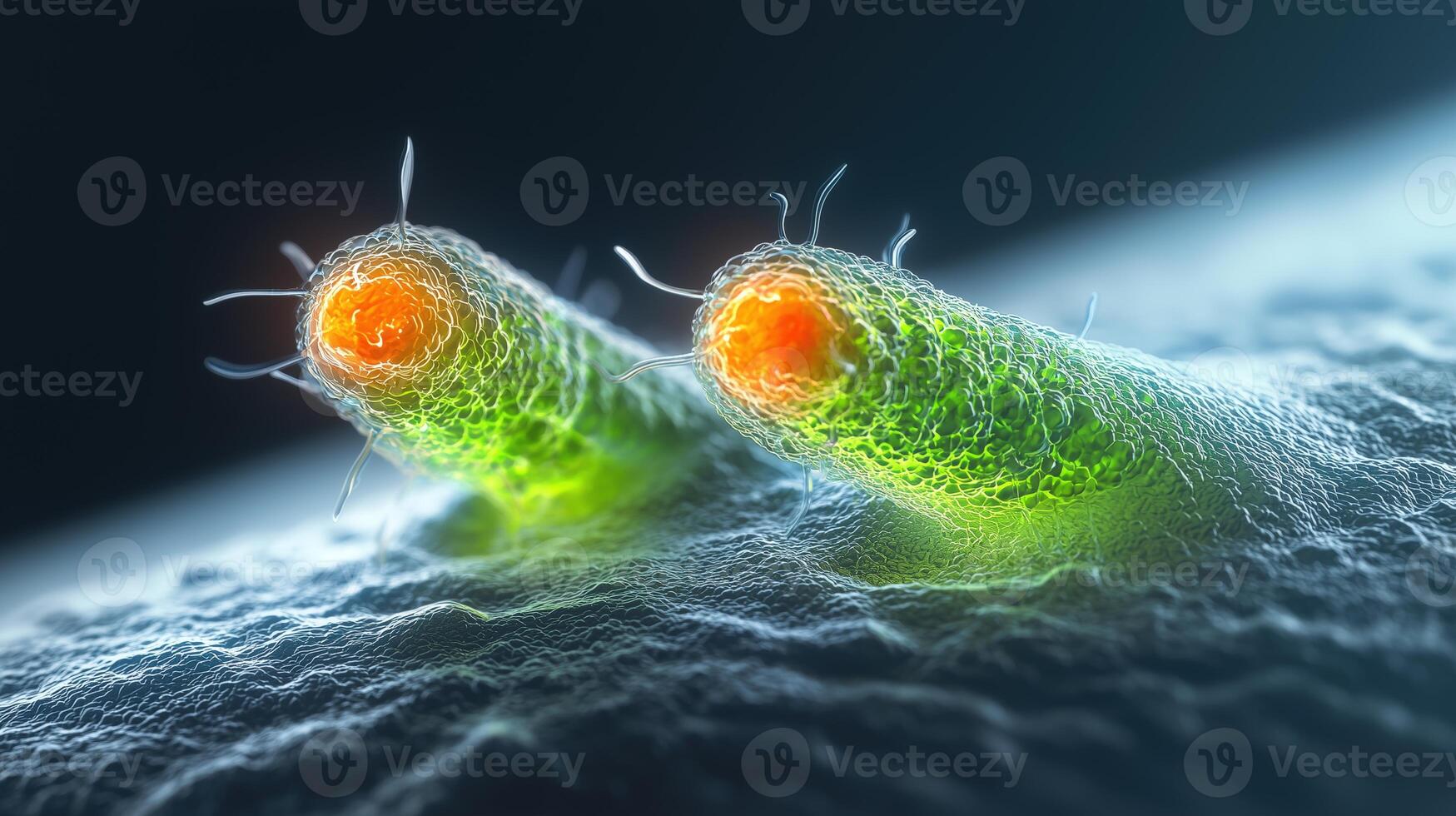 Microscopic view of bacteria with green and orange structures on dark background photo