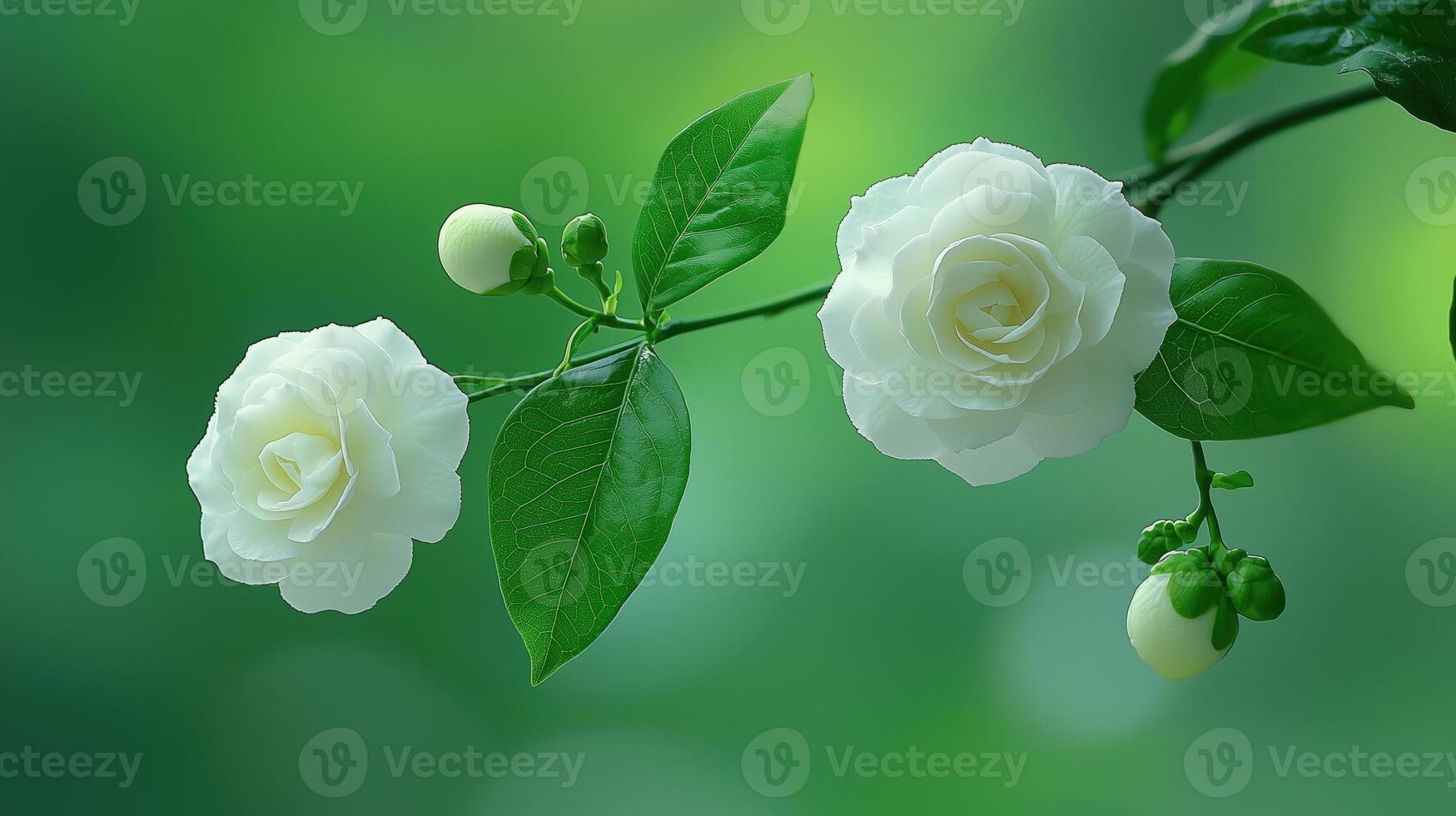 White flowering branch with delicate blossoms and green leaves on a soft background photo