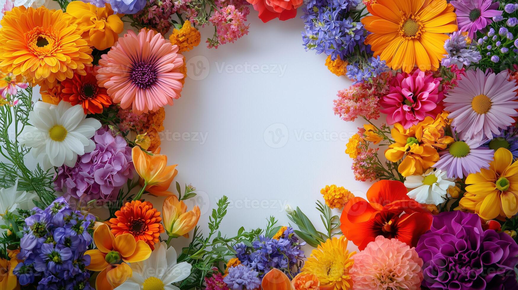 Colorful floral frame with various types of flowers on a white background photo