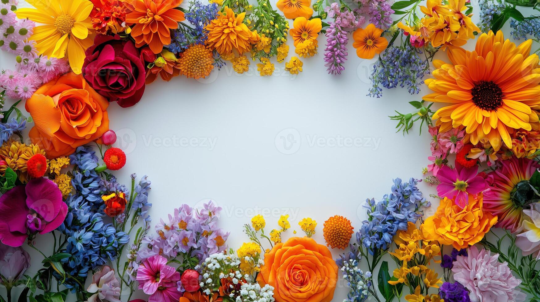 Colorful floral border with various flowers and white space for custom text photo