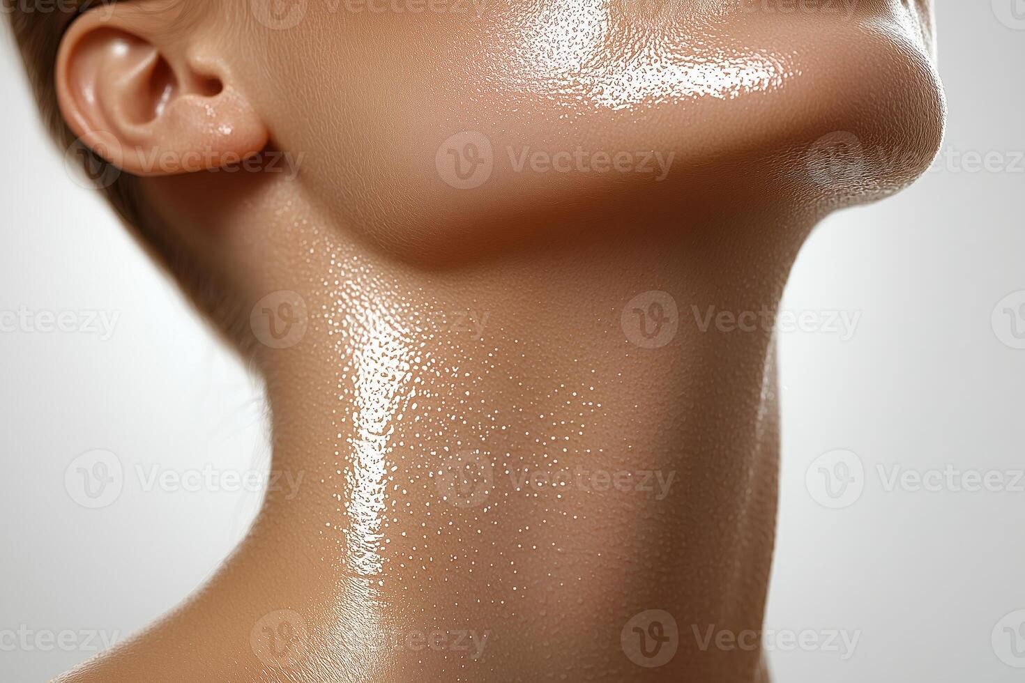 Close-up of a mannequin neck with shiny skin texture and beads of moisture photo