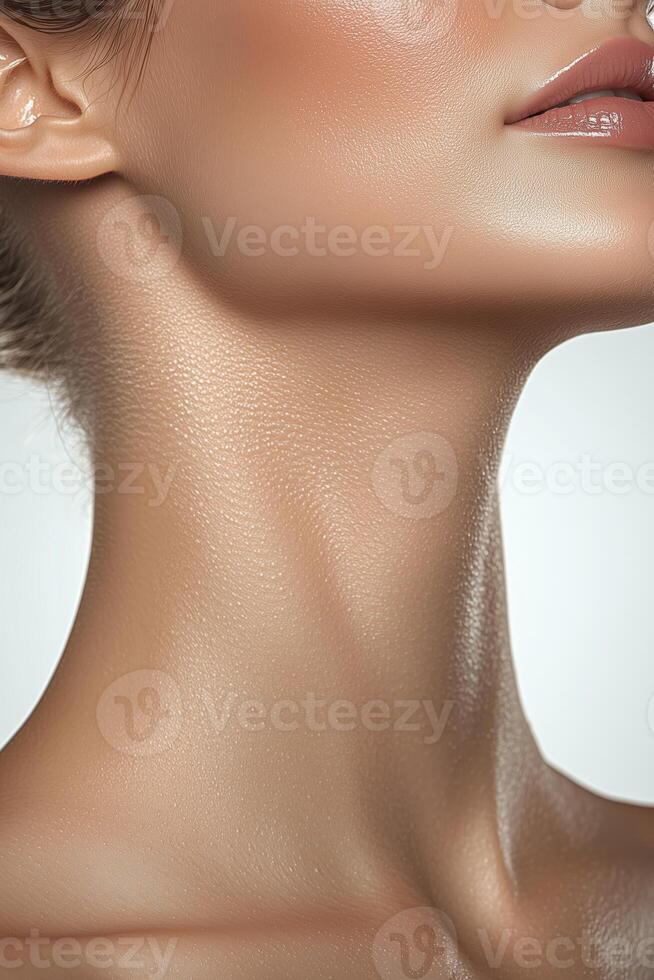 Elegant portrait of a woman's neck with glowing skin and natural beauty photo