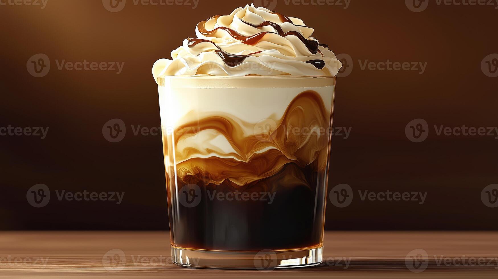 Delicious dessert drink with whipped cream and chocolate drizzle in a glass photo