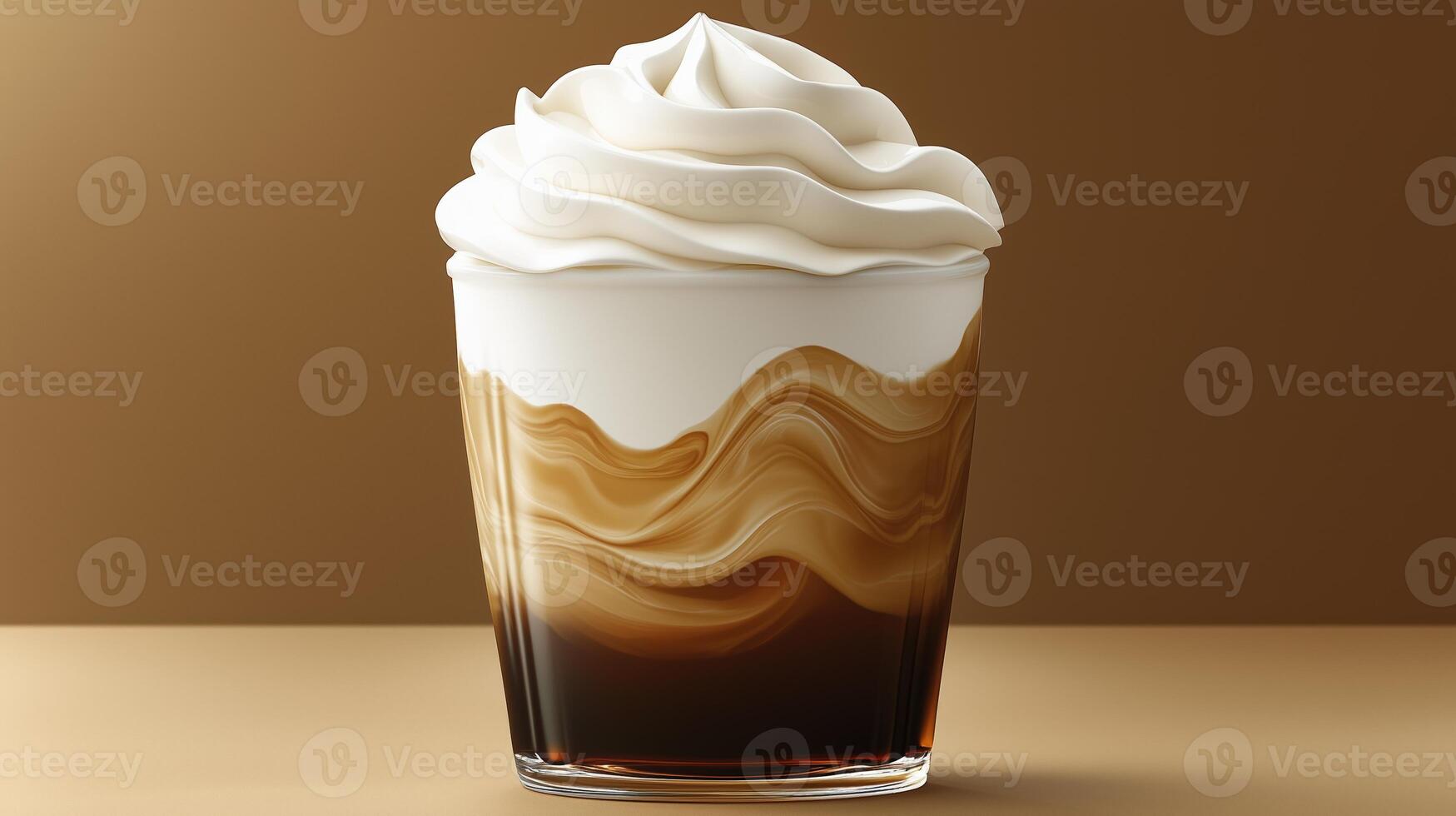 Coffee dessert with whipped cream swirled in a glass on a brown background photo