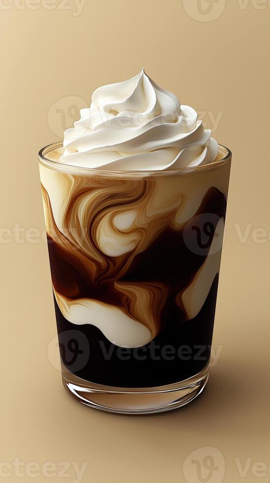 Creamy coffee layered drink with whipped topping in transparent glass photo