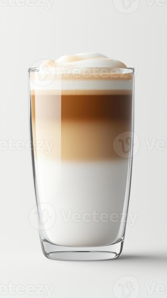 Layered latte in a clear glass on a light background photo
