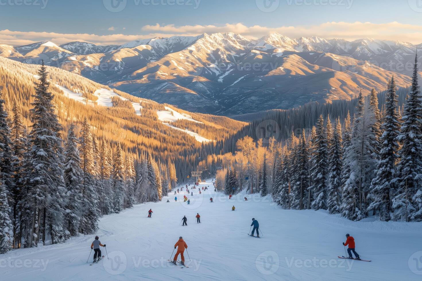 Skiers navigating snowy slopes in a mountainous landscape at sunset photo