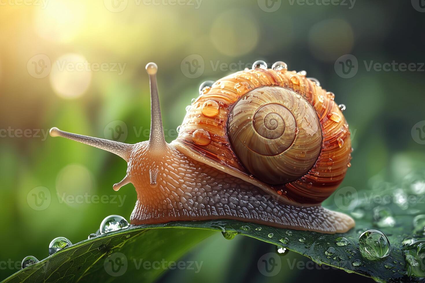 Snail on a green leaf with water droplets photo