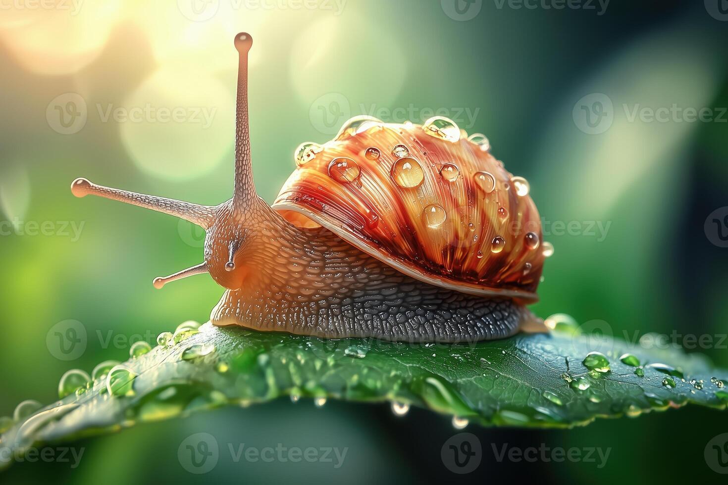 Close-up of snail with water droplets on green leaf in soft focus photo