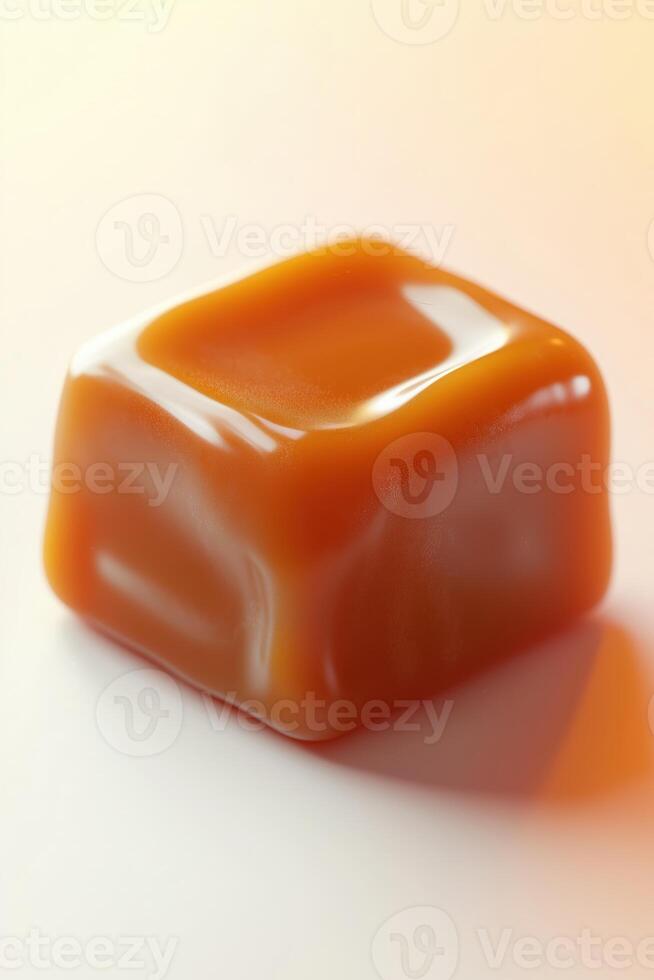 Close-up of a shiny caramel square candy on a white background photo
