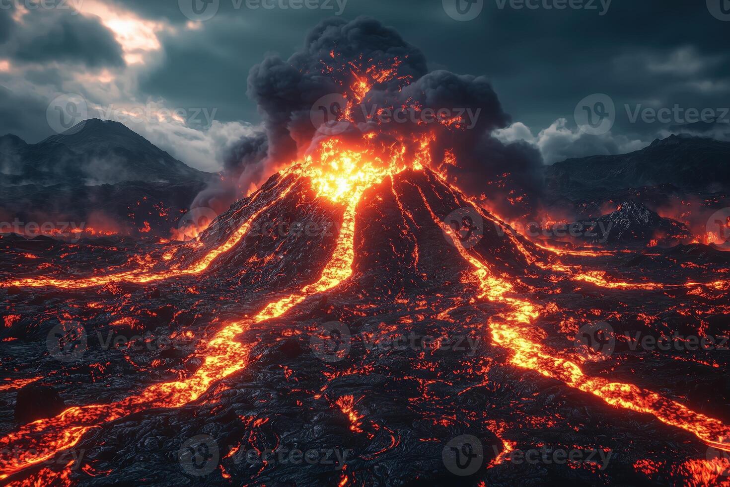 Erupting volcano with lava flowing downside and dramatic cloudy sky photo