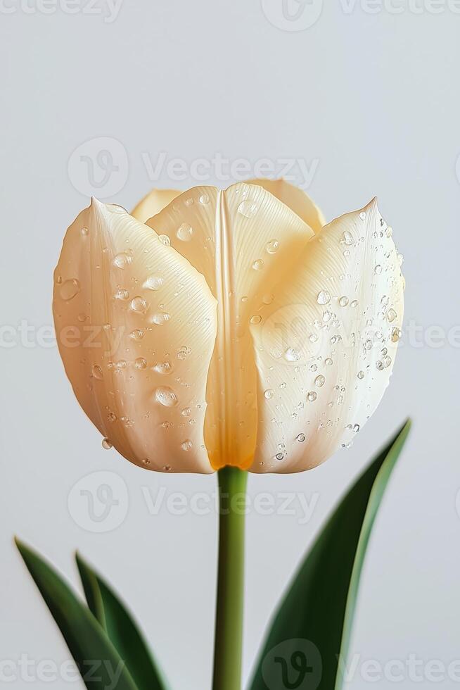 Close-up of a white tulip with water droplets on its petals against a light background photo