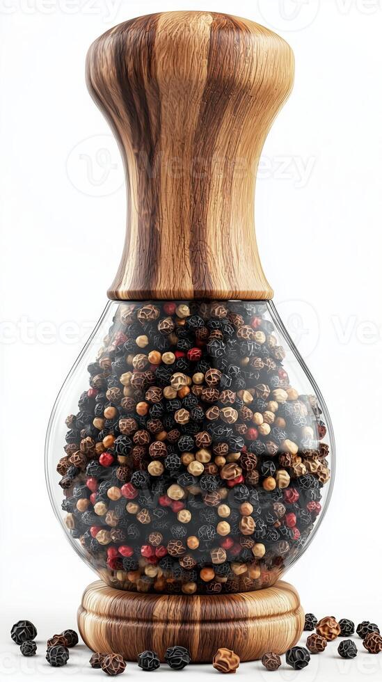 Beautiful wooden pepper mill filled with colorful peppercorns against a clean background photo