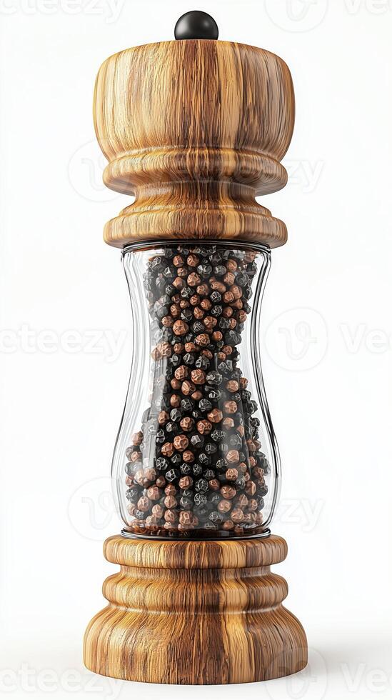 Elegant wooden pepper grinder with glass container filled with black peppercorns photo