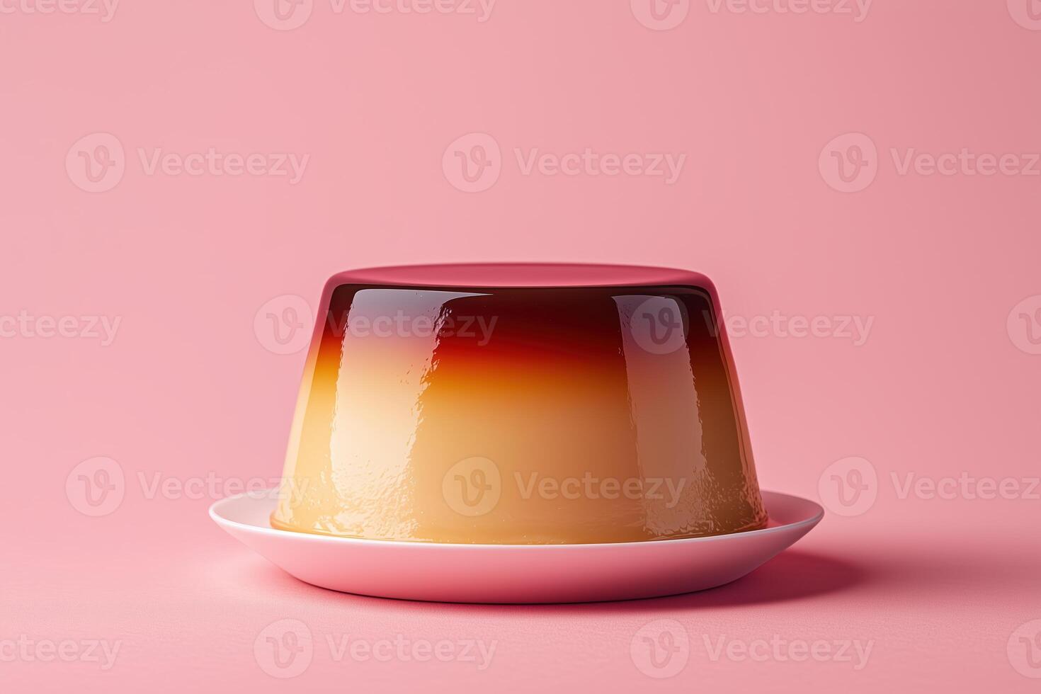 Delicious caramel flan dessert with glossy surface on pink background photo
