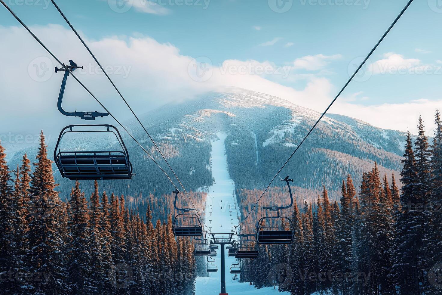 Winter ski resort chairlift with snowy mountain and pine trees in the background photo