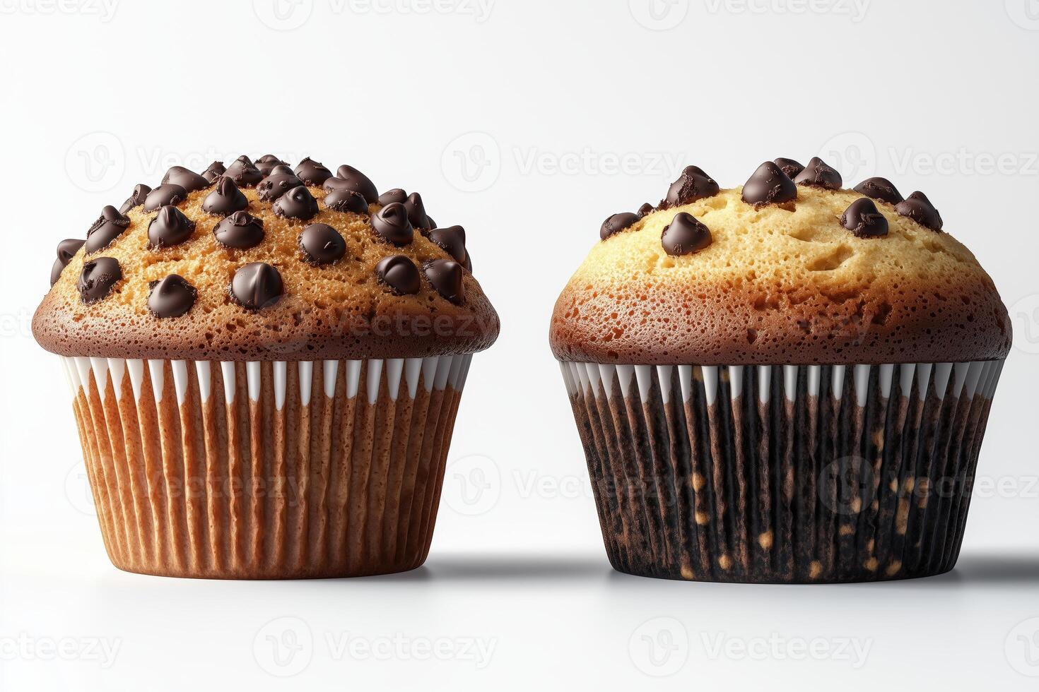 Delicious chocolate chip cupcakes side by side on a clean white background photo