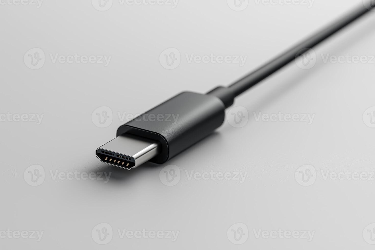 Close-up of a black usb type-c cable connector on a gray background photo