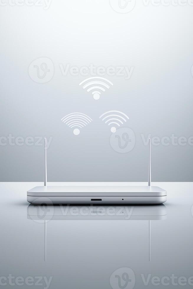 Modern wireless router with wi-fi signal icon representations on gray background photo