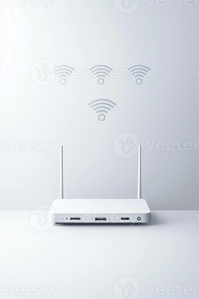 Modern white wi-fi router with signal bars on a minimalist background photo
