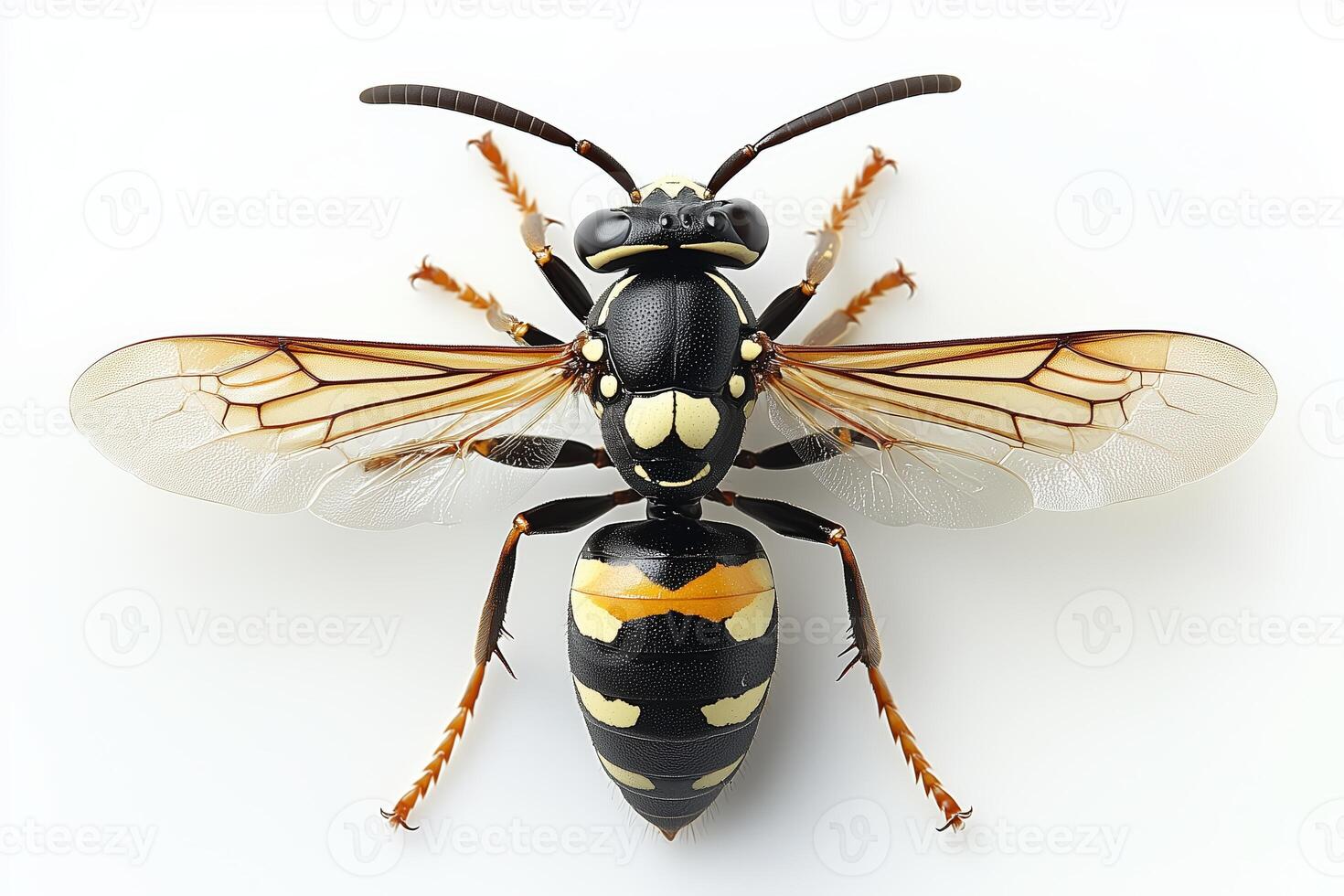 Detailed close-up of a hornet displaying intricate patterns and features on a white background photo