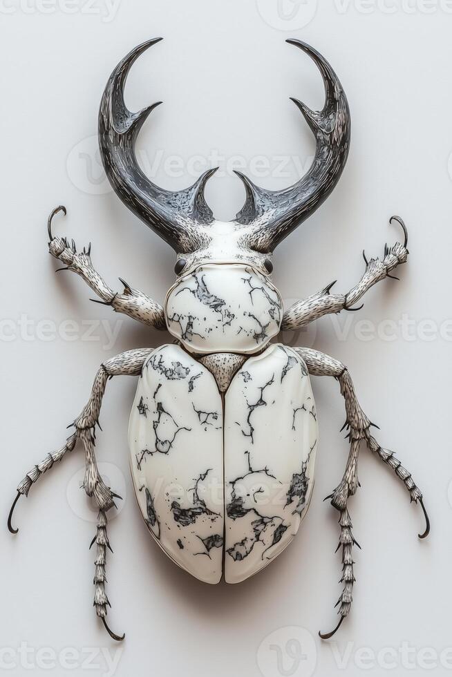 Stunningly detailed striped beetle with antler-like horns and unique textured shell photo