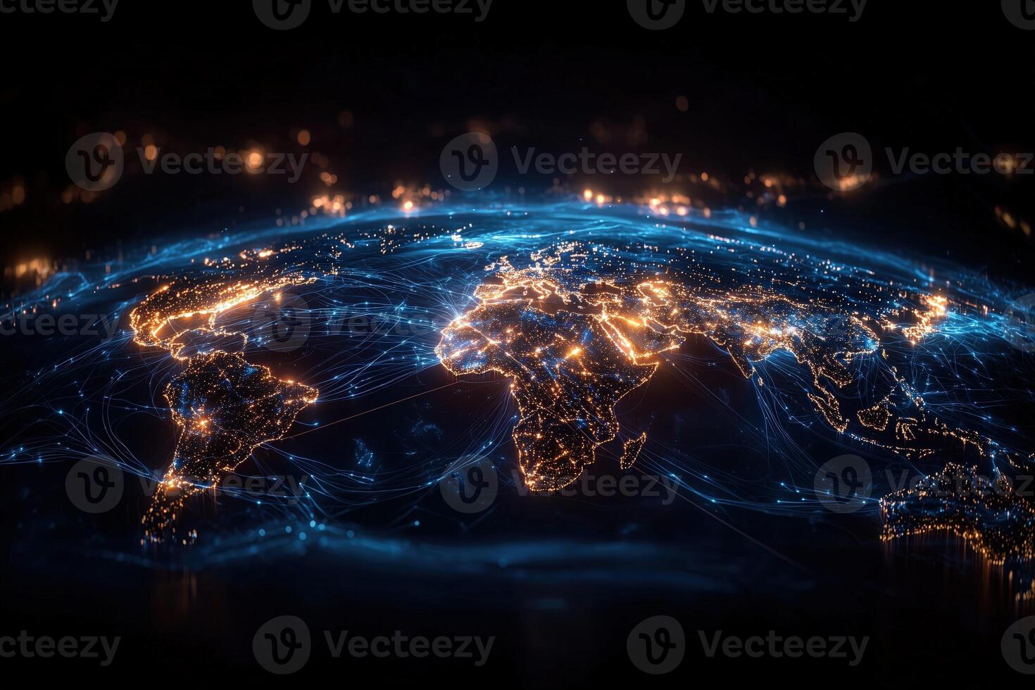 Illuminated world map with global network connection lines and night sky background photo