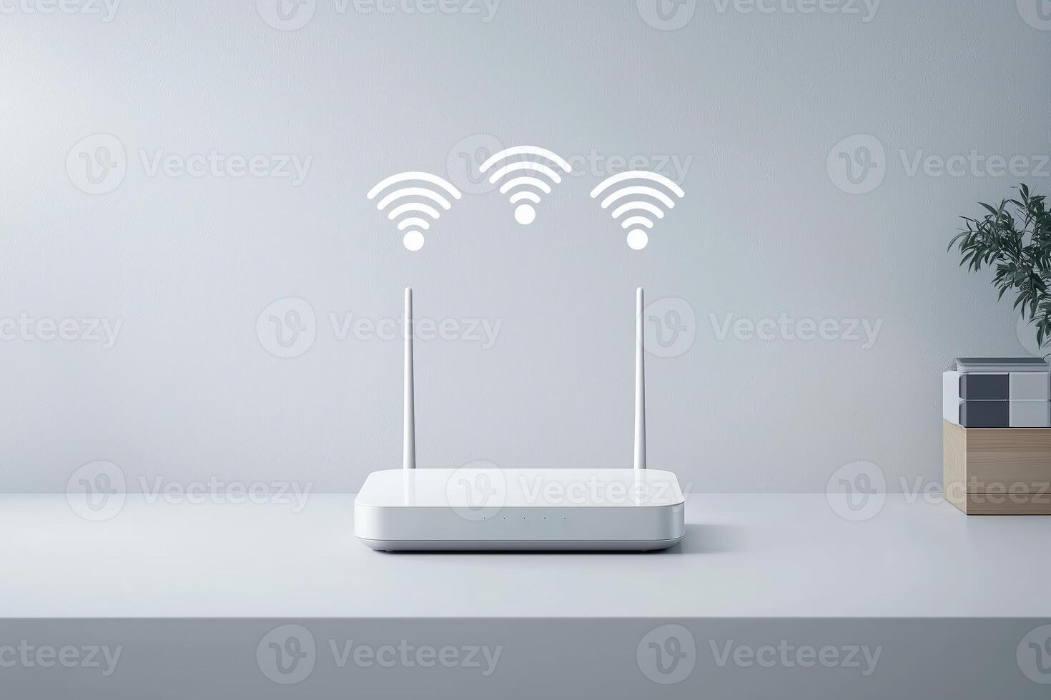 Modern wireless router with wi-fi signals on minimalist desk photo
