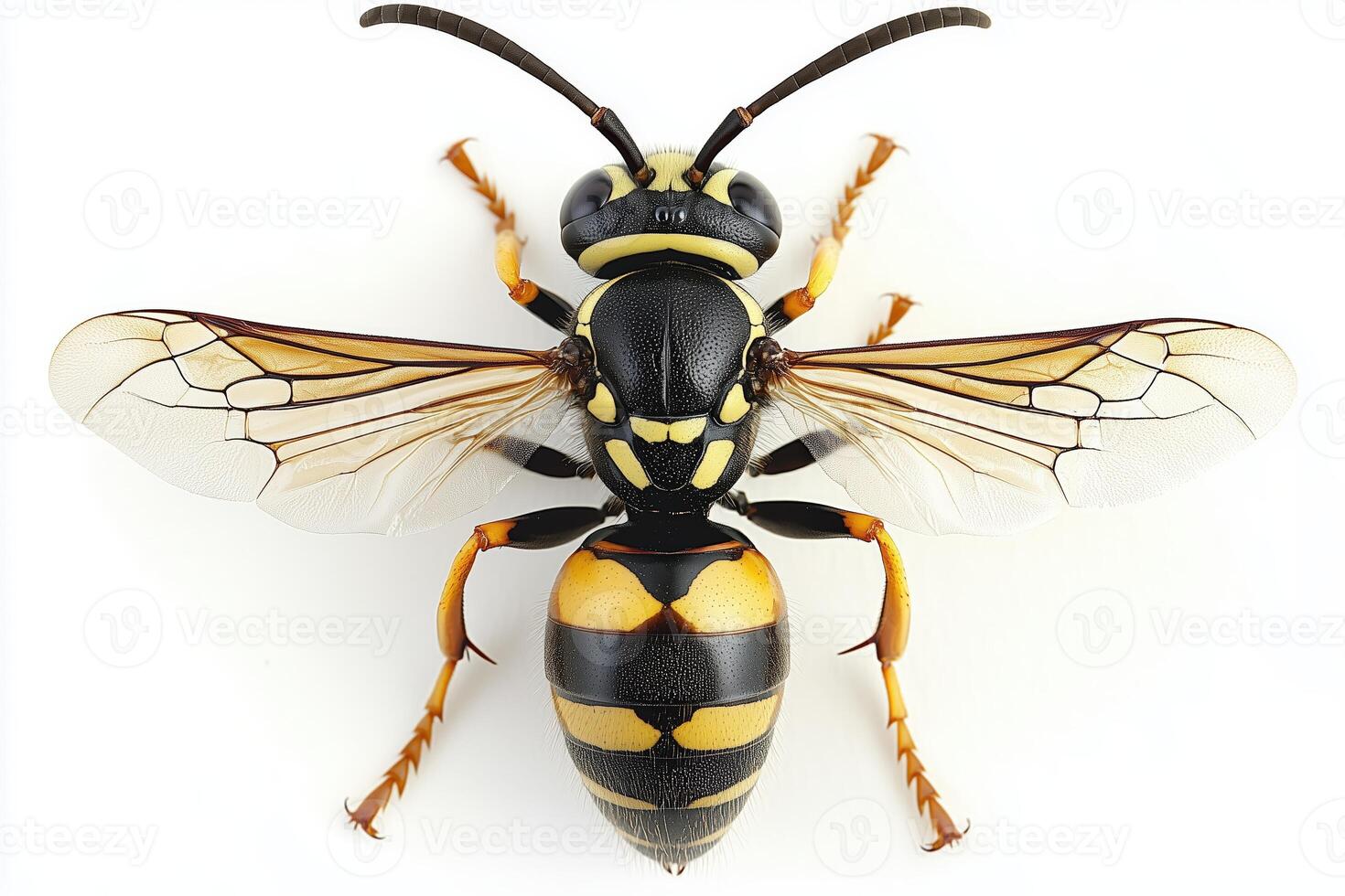 Close-up image of a yellow and black wasp on white background photo