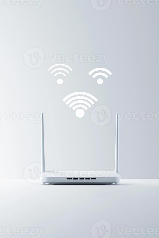 Modern wifi router with signal icons on minimalist background photo