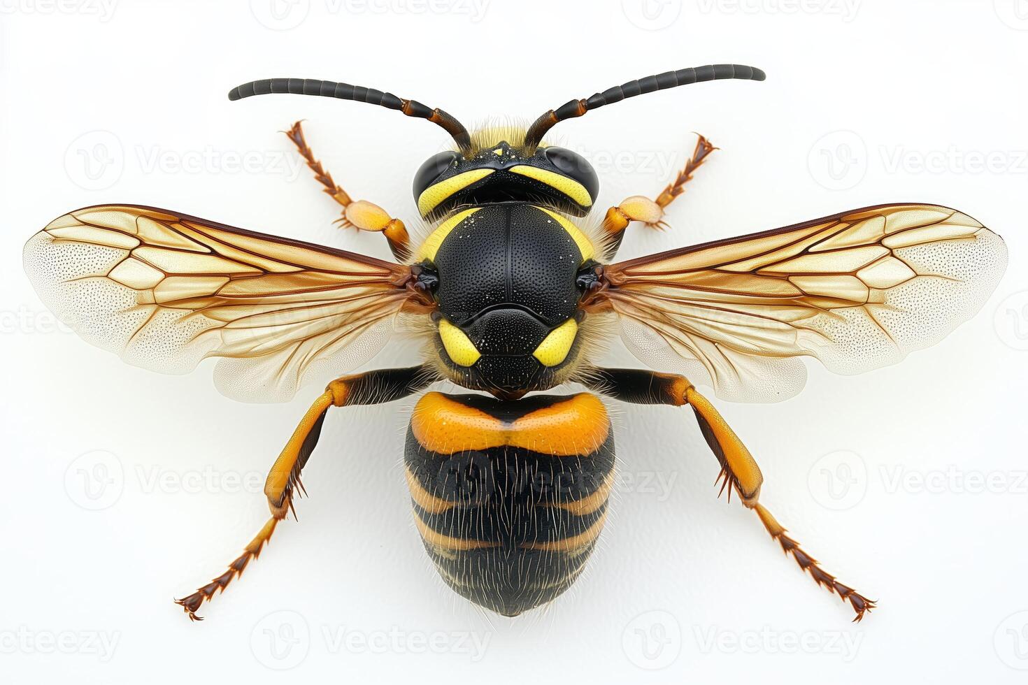Close-up macro photograph of a black and yellow wasp with transparent wings on white background photo
