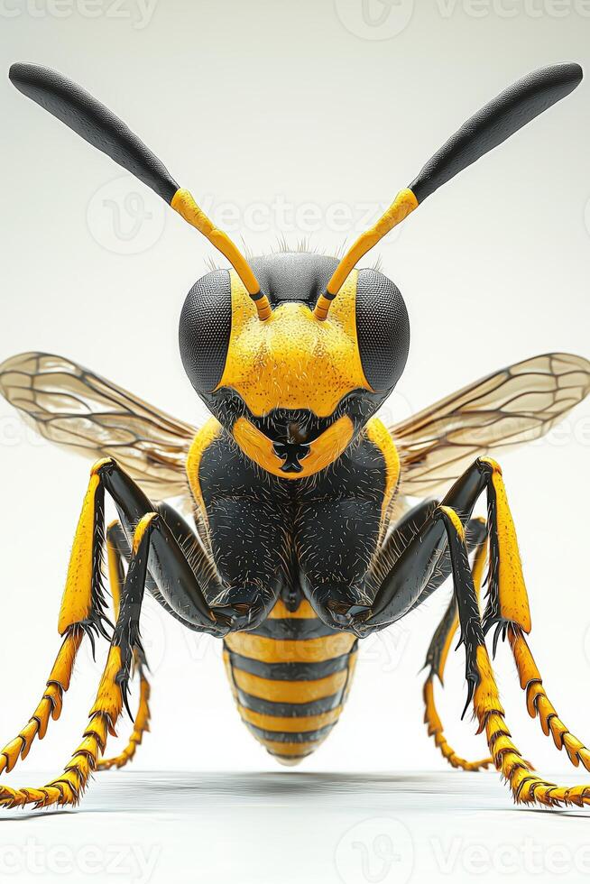 Close-up of a realistic yellow and black insect bee with detailed features photo