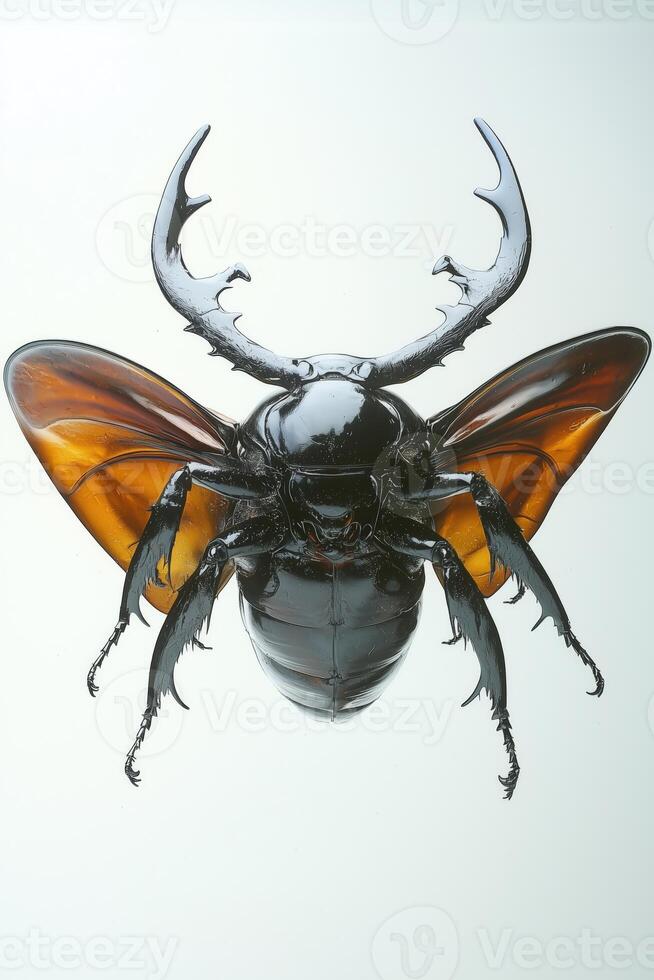 Close-up view of a large stag beetle with distinctive antlers and vibrant wings photo